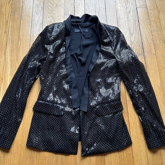 Zara Woman Size S Black Combined Polka Dot Sequin Tuxedo Collar Blazer Jacket - Picture 4 of 13